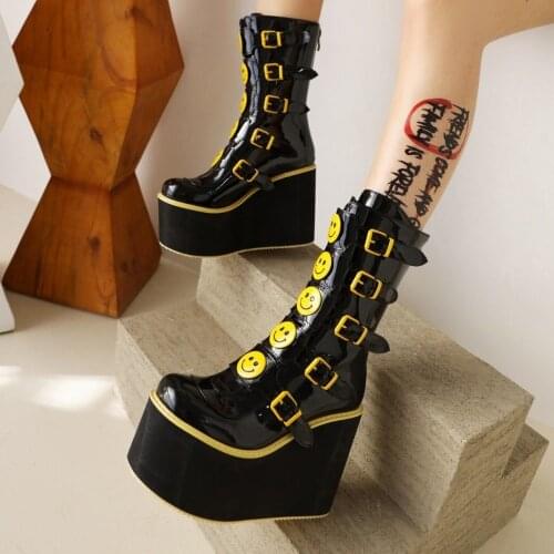 Womens Platform Belt Buckle Printed Mid Calf Boots Wedge High Heel Punk Shoes Motorcycle Black Japanese Harajuku