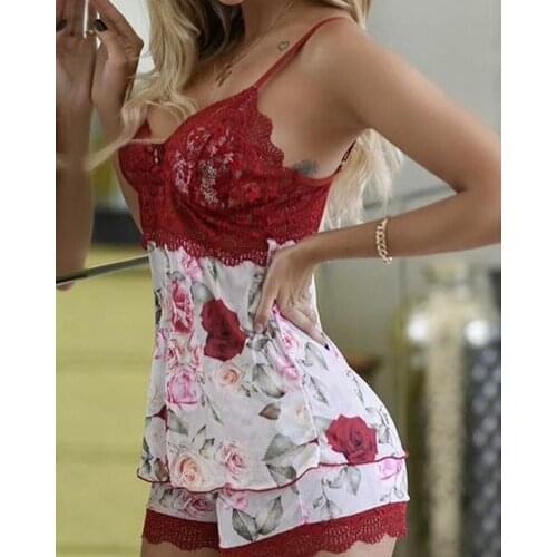 2020 Women Sleepewear Comfy Soft Sexy Patchwork Rose Romantic Sleeveless Female Floral Lace Trim Tank Shorts Pajamas Two-piece