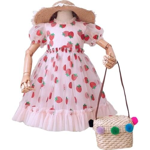 2021 Kids Clothes Girls Summer Dress Children Clothes Puff Sleeve Pink Strawberry Princess Dress Vestidos Toddler Teen Dresses