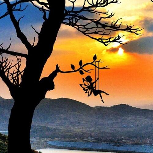 2D Garden Fairy Decoration Stake Metal Art Elf Silhouette Inserting Ornament for Outdoor Fairy Swinging on the Branch