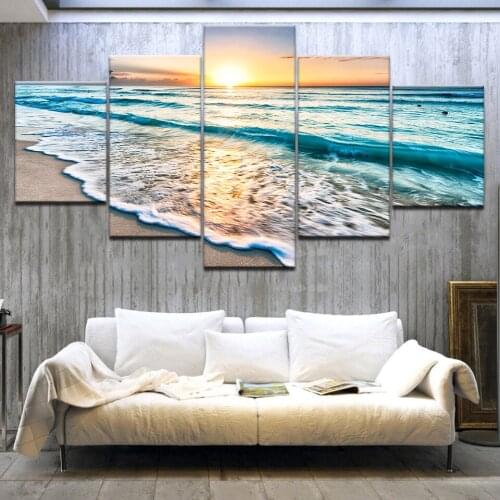 5 Panels Sunset Beach Wall Art Canvas Sea Wave Seascape Picture Art Prints Ocean Canvas Painting for Living Room Wall Decor Gift