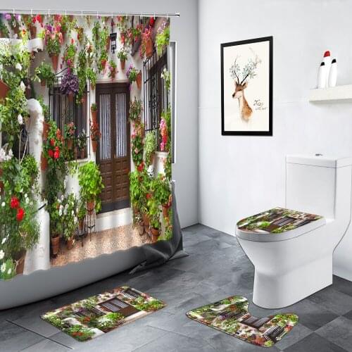 Flower Green Plants Garden Scenery Shower Curtain Town Street Retro Door Home Decor Non-slip Foot Mat Bathroom Rug Bath Mats Set