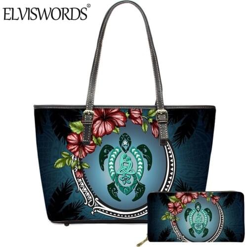 ELVISWORDS Hawaiian Samoa Turtle Hibiscus Print Ladies Luxury Handbag and Purse Women Stylish 2pcs Large Capacity Leather Tote