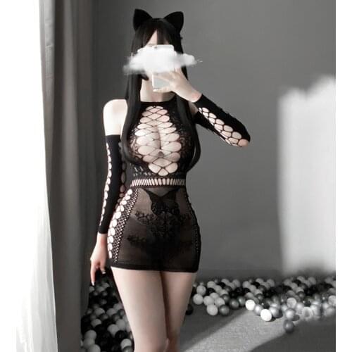 Cat Cosplay Bodystocking Sexy Erotic Lingerie Kawaii Headband Furry Tail Black White Set Temptation Costume Hot Outfit For Women
