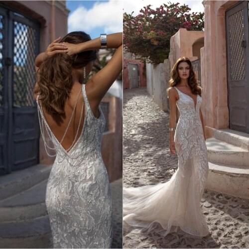 2020 Lace Wedding Dresses Sexy Deep V Neck Appliques Sequin Mermaid Bridal Gowns Custom Made Backless Sweep Train Wedding Dress