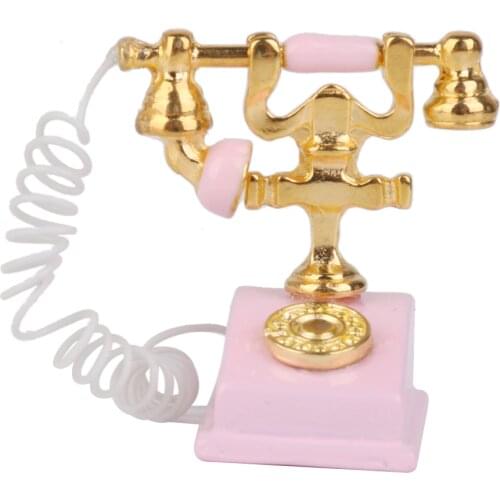 1/12 Dollhouse Miniature Retro Phone Pink Vintage Desk Wired Telephone Doll House Layout Decor Accessory