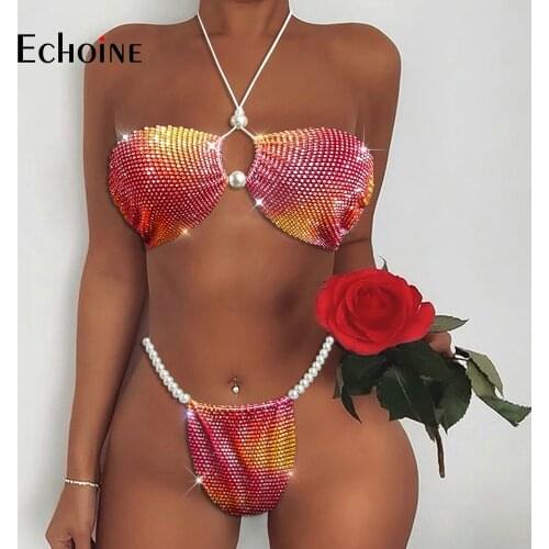 Echoine Women Pearl Rhinestone Beach Swimming Sexy Bikini 2 pieces Set Low Cut Halter Hollow Out Bra Adjustable Thong Swimsuits