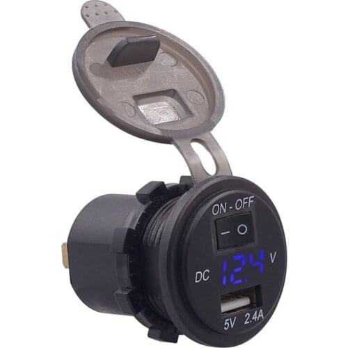 Motorcycle Mobile Phone Charger With Switch Waterproof Blue Ambient Light Voltage Digital Display Cigarette Lighter Socket