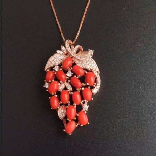 Natural red precious coral pendant S925 silver Natural gemstone Pendant Necklace trendy Luxury grape string women fine jewelry