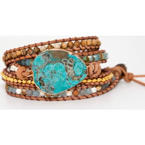 2018 NEW Women Leather Bracelet Unique Mixed Natural Stones Gilded Stone Charm 5 Strands Wrap Bracelets Handmade Boho Bracelet