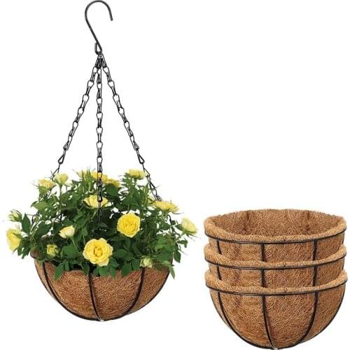 Hanging Wrought Iron Flower Basket, 4 Packs of 12-Inch Round Metal Hanging Basket, with Coconut Palm Shell Lining