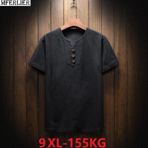 Plus size big Mens casual T-shirt Summer Linen Short Sleeve v-neck Tees 5XL 7XL 8XL 9XL tshirt black home tops 58 60 62 64 66 68
