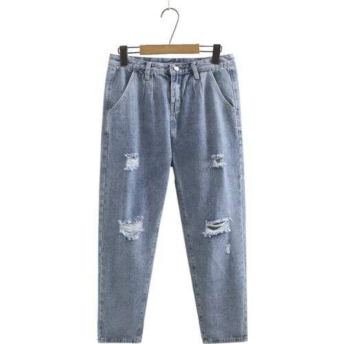 Plus Size XL-4XL Womens Casual Jeans Fashion Straight Denim Pants with Holes