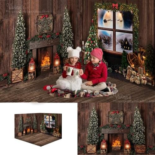 Christmas Fireplace Window Photography Backdrop Moon Festival Props Kids Child Portrait Photostudio Banner Wood Room Background