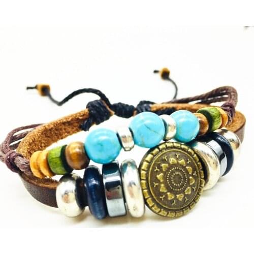 Blue Beaded Wrap Design Vintage Fashion Cuff Bangle Retro Brown Woven Rope Men Leather Bracelets Women Jewelry Accessories