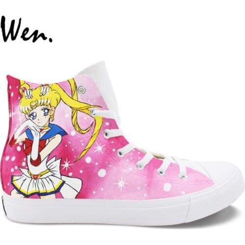 Wen Women Girls Gifts Hand Painted Shoes Sailor Moon Anime Design High Top Canvas Flats Men Boy Skateboarding Sneakers