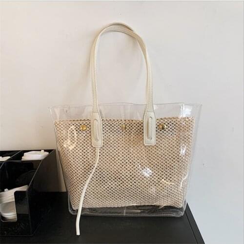 Large Capacity Womens Bag 2021 Summer New Style PVC Transparent Plastic Ceach Leisure Shoulder Bag Simple Straw Woven Bag