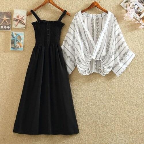 Summer suit female plus size 2021 summer new Korean retro shawl cardigan high-waisted wooden ear sling dress two-piece suit