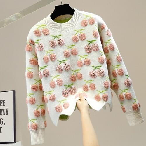 Cherry Pattern Sweater Women Beaded Three-Dimensional Flocking Fresh Wave Edge Cute Pullover Sweaters Knitwear Lady Jumper