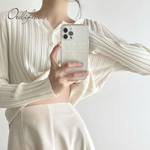Ordifree 2021 Autumn Women White Knitted Cardigan Long Sleeve Casual Slim Sweater Cardigan Female Jumpers