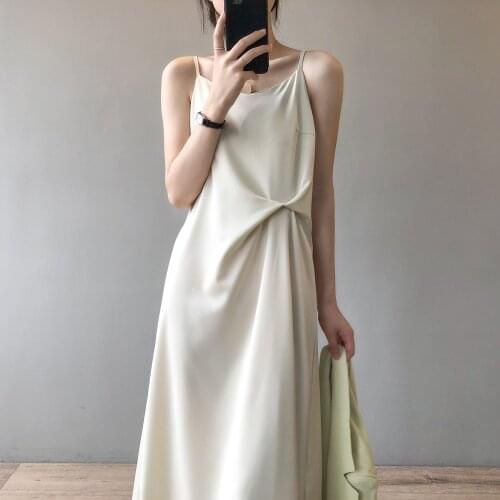 Black White Dress French Suspender Dress Women 2021 Summer Satin Thin Shoulder Strap Mid-length Dress Solid Color Woman Dress