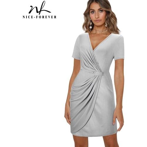 Nice-forever Summer Women Pure Color Mini Draped Dresses Business Party Vinatge Bodycon Dress B625