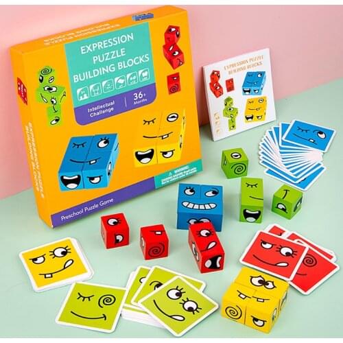 Wooden Puzzle For Kids Expression Puzzle With 50 Cards Preschool Puzzle Game Early Educational Logical Thinking Toy Gift