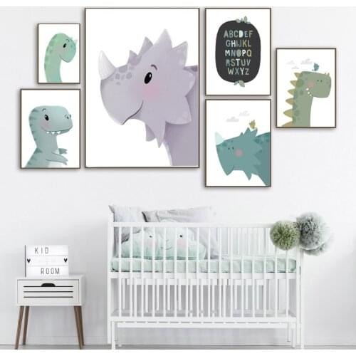 Cute Dinosaur Bird Alphabet Cartoon Wall Art Canvas Painting Nordic Posters And Prints Wall Pictures Baby Kids Room Decor
