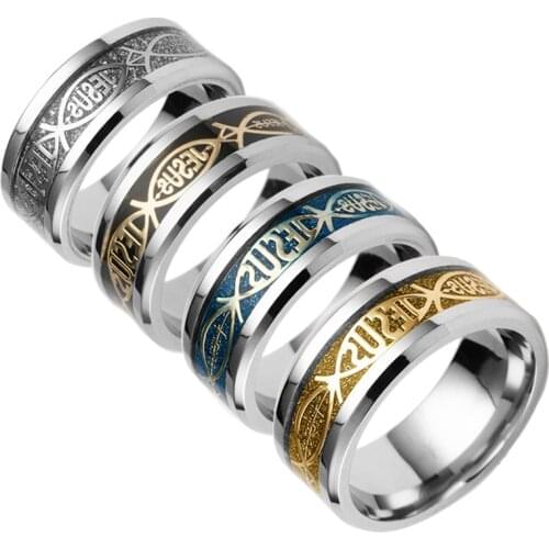 AsJerlya Jesus Letter 316L Stainless Steel Ring For Religious Christian Men Women Gift Jewelry Serenity Male Bible Cross Rings