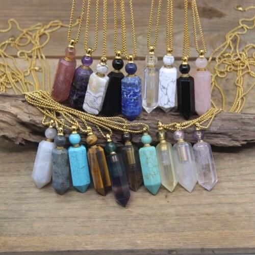 Labradorite Fluorite Hexagonal Point Perfume Bottle Pendant Necklace Natural Gem Crystal Essential Oil Vial Charm Jewelry QC1042