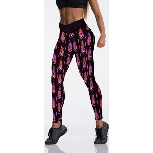New Sexy High Waist Printed Black Leggings For Women Cartoon Monster Fire Push Up Strength Fitness Pants
