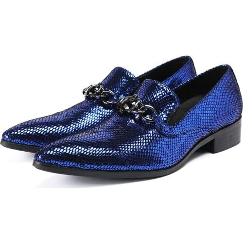 Blue Glitter Genuine Leather Business Men Shoes Slip On Brogues Formal Oxford Shoes for Men Dress Shoes With Metal Chain Flats
