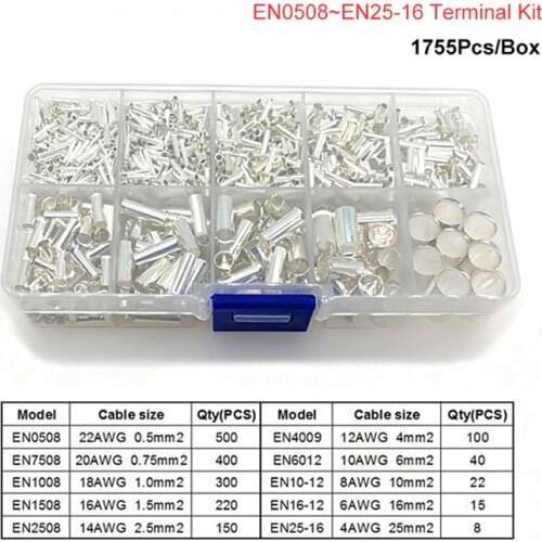 1755Pcs/Lot Tube Bared Cord End Crimp Terminals Naked Electrical Wire Cable Connector Copper Ferrules Kit 22-4AWG EN0508~25-16
