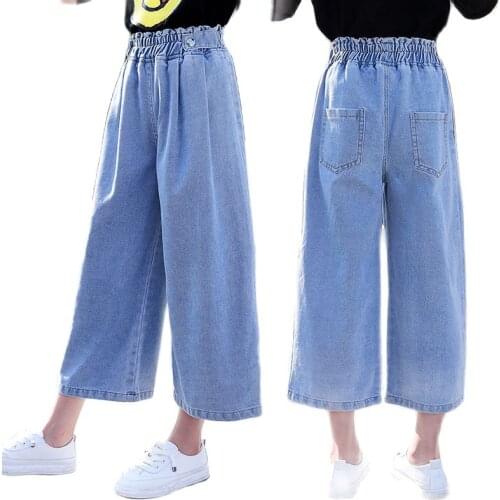 Casual Teenage Girl Jeans Short Wide Leg Pants Summer Loose Solid Ruffle Waist Denim Shorts Children Trousers 6 8 10 11 12 13 14