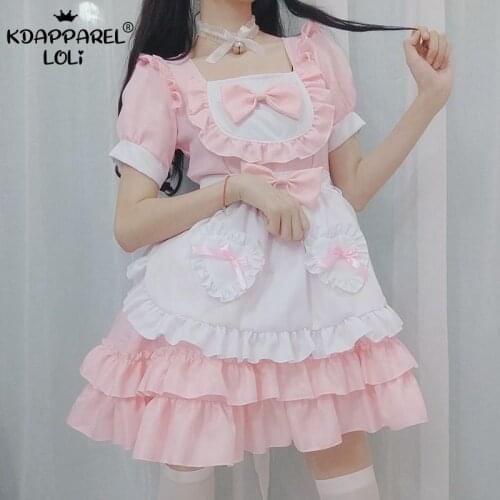 Japanese Lolita OP Mini Dresses Sexy Maid Outfit Sweet Girls Summer Women Cosplay Party Pink Blue Red With Apron Bows Neckwear