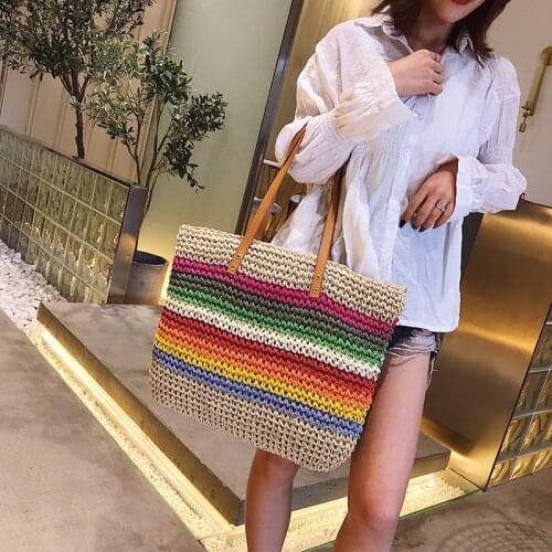 Women Rainbow color Handbag Beach Bag Rattan Woven Handmade Knitted Straw Large Capacity Tote Leather Women Shoulder Bag Bohemia