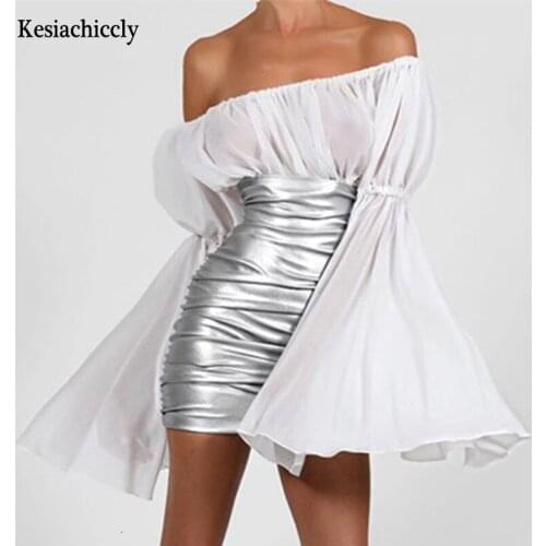 Kesiachiccly Patchwork Women Mini Dress White Long Flare Sleeve Off Shoulder Bodycon Pleated Bandge Casual Women Sexy Club Dress