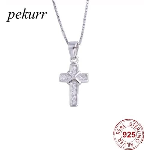 Pekurr 925 Sterling Silver Tiny Zircon Cross Female Pendants Necklaces For Women Long Chain Collar Fashion Jewelry Gits
