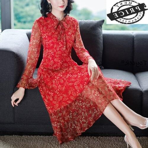 Summer Spring Vintage Real Silk Dress Women Clothes 2021 Korean Elegant Ladies Print Vestidos Red Boho Party Dresses aa26