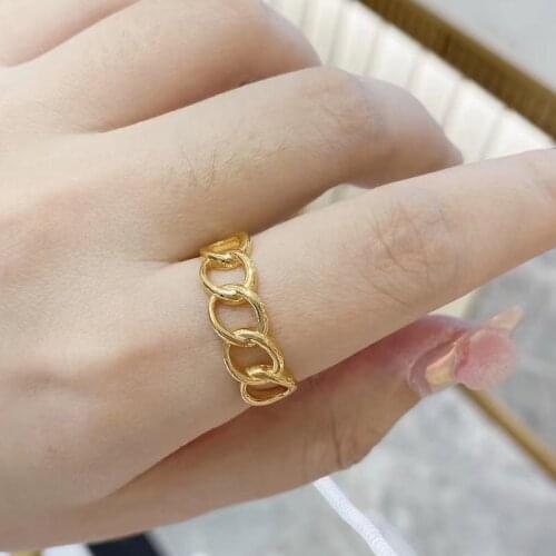 Really 24K Yellow Gold Ring 3D Gold Women 999 Gold Big O Link Chain Ring Band Good Gift
