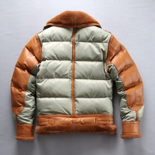 Winter Mens Colors Patchwork Pilot Down Jacket Real Fur Collar Shearling Genuine Leather Jacket Coats Motor Biker Warm Overcoat