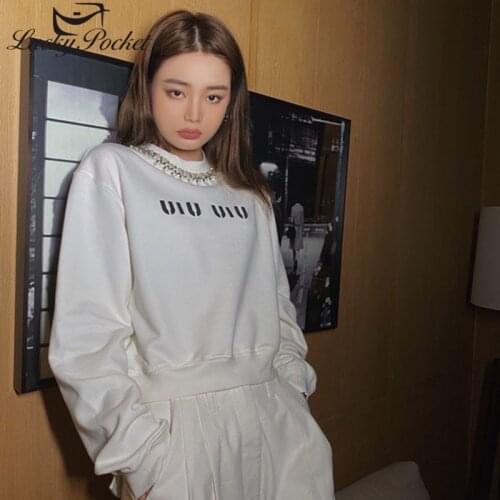 2021 Women Autumn Fashion Letter Print Diamond Sweatshirt White Female Loose Casual Cotton Pullovers Plus Size Ladies Tops Y7