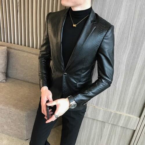 Single Button PU Blazer Men Slim Fit Blazer Masculino Black Mens Blazer Para Hombre Vintage Prom Blazers For Men