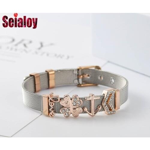 Seialoy Rose Gold Stainless Steel Strap Bracelets For Women Lucky MOM Heart Love Beads Anchor Charm Watch Bracelet Jewelry