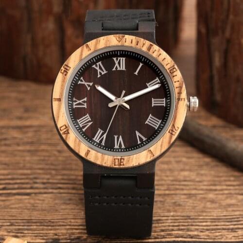 Quartz Wood Watch for Men Black Genuine Leather Mens Wrist Watches Luminous Hands Display Natural Stylish Male Wooden Timepiece