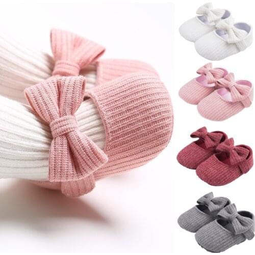 Newborn First Walkers Baby Shoes Infant Pram Girls Princess Knitted Cotton Bowknot Soft Sole Toddler Shoes Anti-slip Sneakers