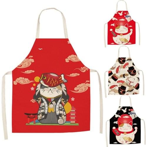 Lucky Cat Apron Kitchen Aprons for Women Cotton Linen Bibs Household Cleaning Pinafore Home Cooking Apron DH07