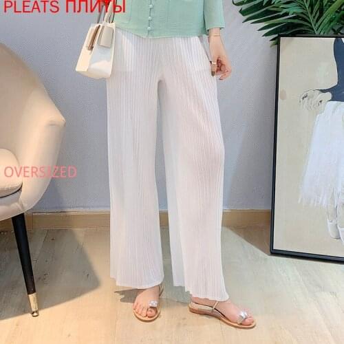 Miyake Folded White Straight Pants Spring and Autumn New Loose Wide Leg Pants Loose Large Size Long Trousers PLEATS Pantalones