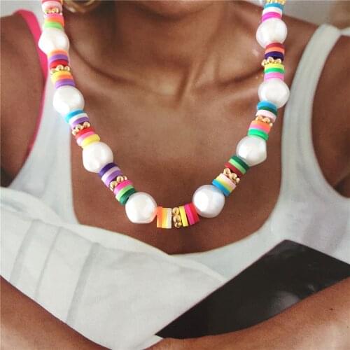 Trendy Bohemia Gold Color Colorful Polymer Clay White Pearl Strand Necklace For Women Girl Elegant Gorgeous Casual Chic Jewelry