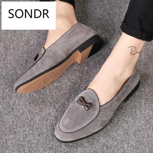 Men Fashion Suede Leather Doug Shoes Casual Moccasin Flat Bowknot Slip-On Driver Shoes Dress Loafers Night Club Shoes